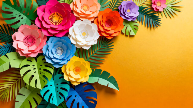 Decorative paper floral arrangement on bright orange background with colorful background handmade decoration creative botanical arrangement template tropical abstract illustration workshop