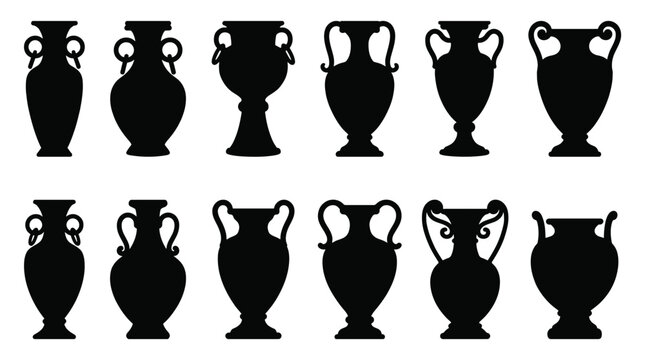 Set of silhouettes of ancient greek amphorae and vases, collection of traditional pottery vessels with handles, vector illustration