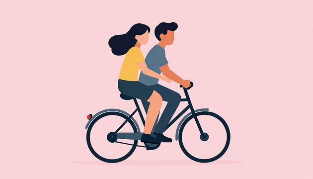 Joyful Couple on a Pastel Pink Bicycle Ride Through a Lush Green Park, Basking in Happiness and Connection