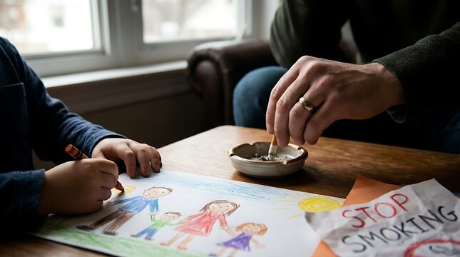 Close up of a father putting out a cigarette in an ashtray while his child draws a happy family picture conceptualizing passive smoking effect