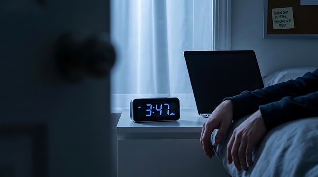 Person resting exhausted hands near laptop and digital clock showing 3 47 AM representing late night work burnout insomnia and stress