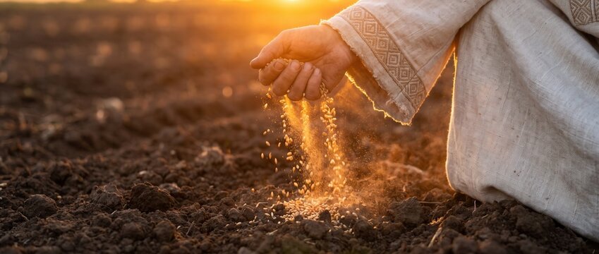 Sower's hand planting golden grain seeds into fertile soil during sunset. Biblical concept of the Parable of the Sower.