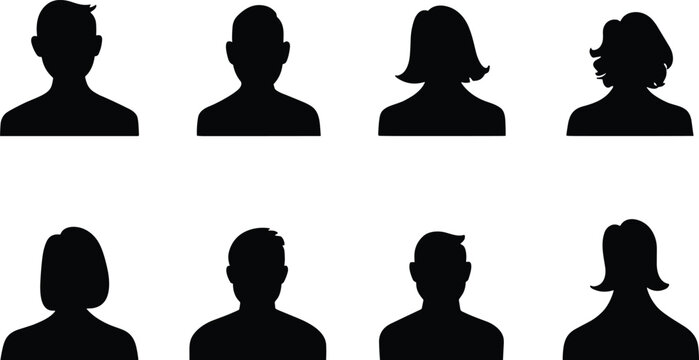 Eight black silhouette head and shoulder profile icons on white background Keywords: silhouette, icon, profile, head, shoulder