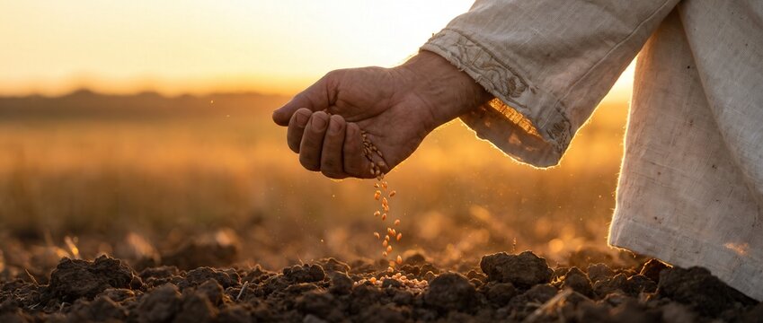 Close-up of sower's hand dropping golden grain seeds onto fertile soil at sunset. Biblical concept of the Parable of the Sower.