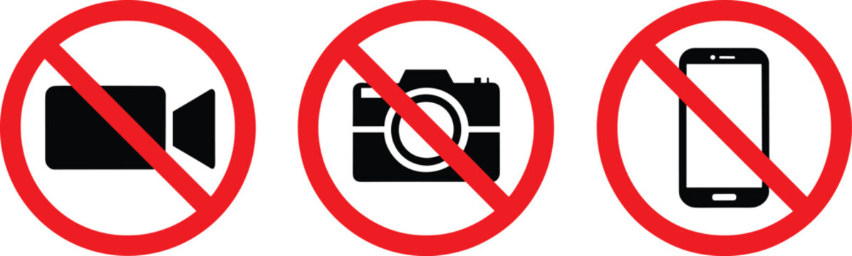 No Video Camera, No Camera, No Smartphone Icons with Red Prohibition Circles forbidden