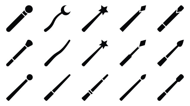 Set of magic wands and wizard sticks icons, collection of fantasy items for spells and witchcraft, vector illustration
