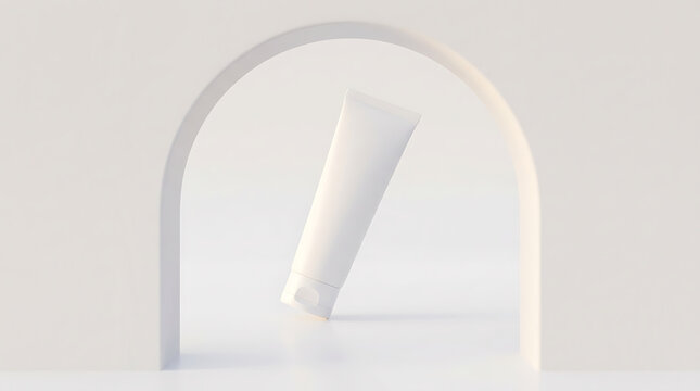 Minimalist Presentation of a White Toothpaste Tube Centered Within a Clean Archway Against a Soft White Background