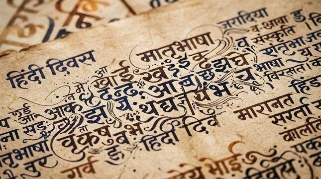 Hindi Diwas celebration with Devanagari script on ancient paper