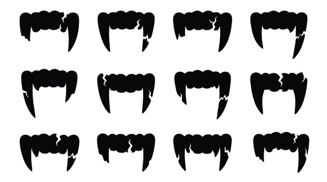 Set of broken vampire fangs silhouette icons cracked dracula teeth for halloween horror design