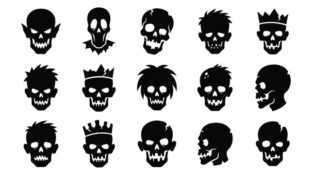 Set of various black silhouette skull icons collection of different spooky, scary, and creepy monster and zombie head illustrations for halloween and horror themes
