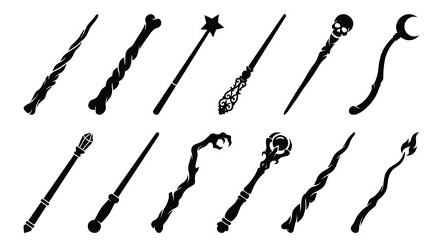 Set of various magic wands and wizard staffs, fantasy game assets or design elements in black silhouette