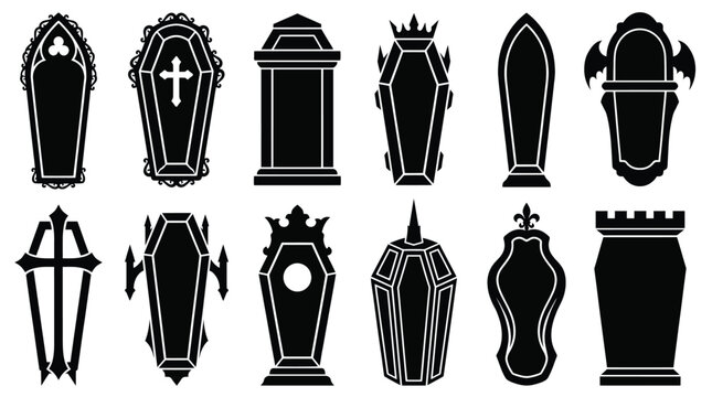 Set of black coffin and tomb icons various stylized coffins and tombstones in silhouette form