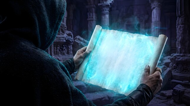 Mysterious hooded figure holding an ancient magical scroll in dark ruins