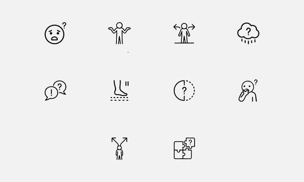  Confusion line editable icon set. Containing confused, uncertain, lost, unclear, misunderstand