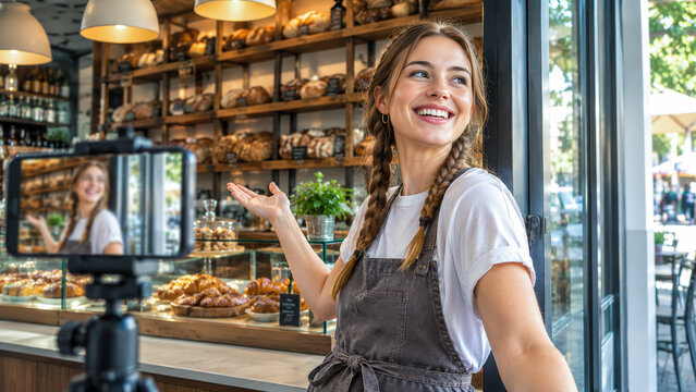 Millennial bakery owner filming social media content to promote local small business
