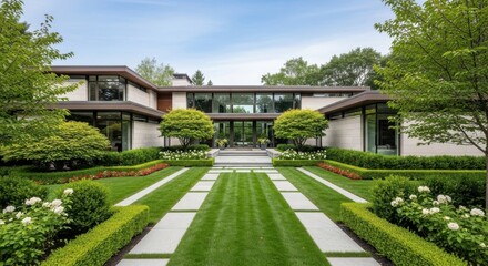 Fototapeta premium Grand Luxury Estate Residence Grand Entrance Walkway Lush Green Landscaping Exterior Architecture Opulent Dwelling Modern Home Design Estate Property Beautiful Suburban Residence
