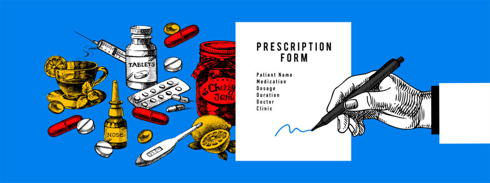 Medical prevention collage background. Doctor hand writing healthcare notes, medicine bottle, tablets, herbal tea. Wellness support concept. Vintage vector illustration.