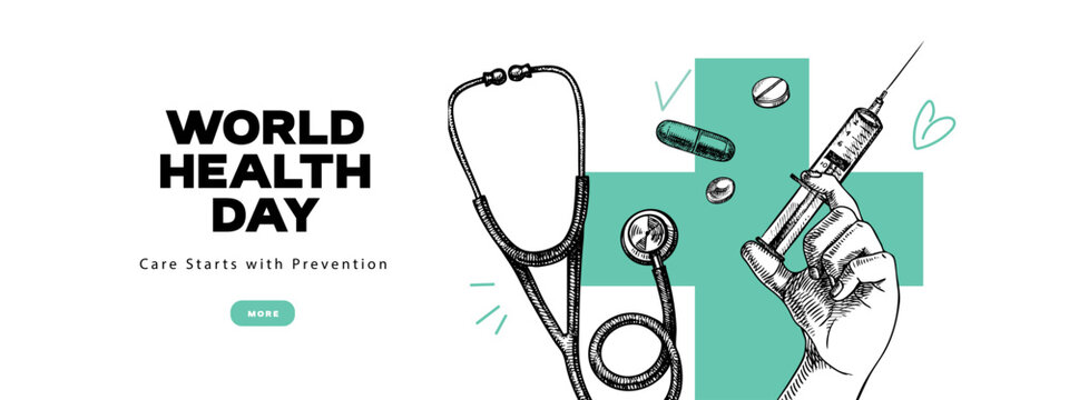 World Health Day collage banner. Sketch syringe, stethoscope, medicine tablets. Prevention and healthcare medical poster. Vintage vector isolated illustration