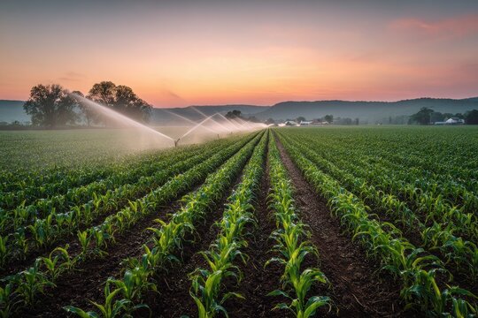 Golden hour irrigation over a young corn field at sunset