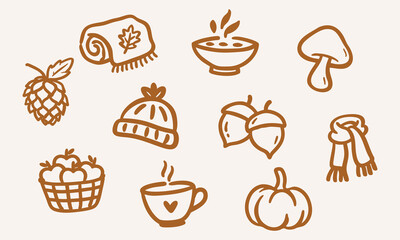 Autumn Harvest And Cozy Seasonal Hand Drawn Doodle Icon Set. Pumpkin, Mushroom And Acorn Sketch Symbol Collection. Fall Lifestyle And Nature. Isolated Vector Illustration © sweet_mellow