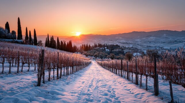 Golden hour over snow-laden vines in a Tuscan vineyard during twilight
