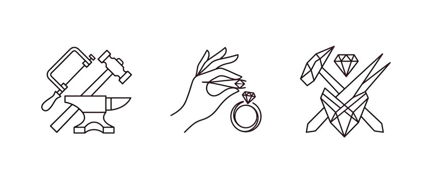 Set of minimalist line art icons for blacksmithing jewelry crafting and diamond cutting tools