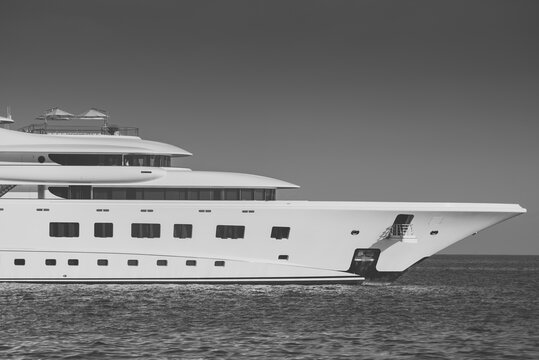 Black and White shots of famous mega yacht at anchor in front of Monaco during the Mediterranean summer