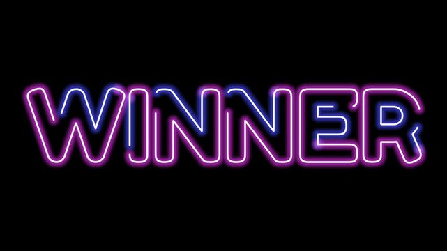 Glowing neon winner text sign animation with gradient color effect on dark black background for gaming victory leaderboard event video