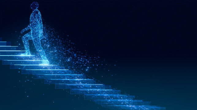 Digital human figure climbing glowing particle stairs.