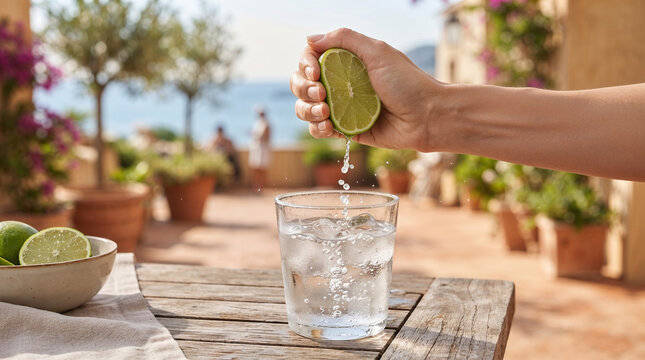 Hand squeezing fresh lime juice into glass of sparkling water outdoors