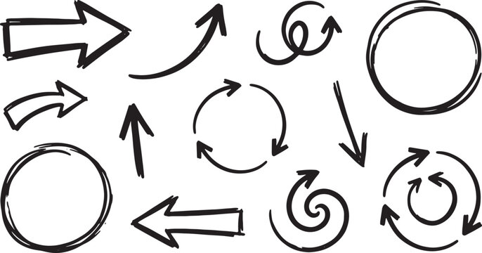 Hand-drawn black arrows and circles on white background