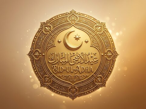 Beautiful golden islamic eid ul adha greeting with crescent moon and arabic calligraphy design