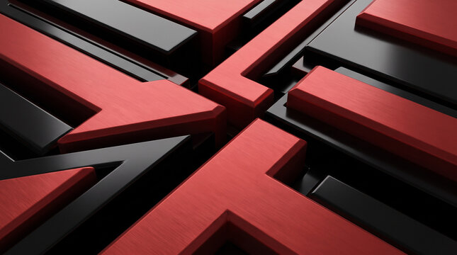 Abstract geometric composition featuring interlocking red and black 3D rectangular blocks.