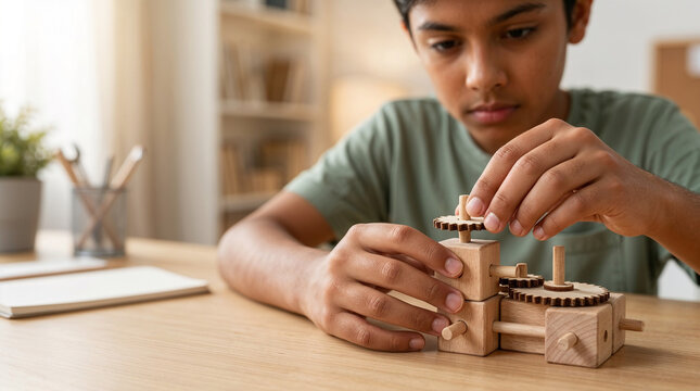 Young boy assembling wooden mechanical puzzle and gears at desk