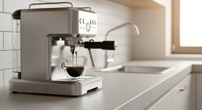 Coffee Espresso Machine Brewing Fresh Coffee in Modern Kitchen Setting with Natural Light and Minimalist Design Elements