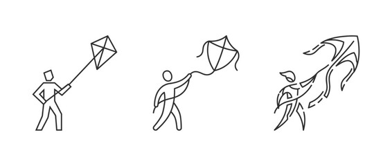 Fototapeta premium Line drawing sequence showing a person flying and losing control of a kite in the wind