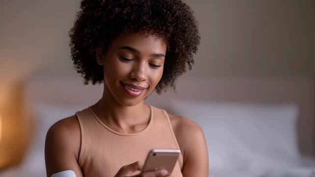 Woman using smartphone to monitor glucose level with insulin patch on arm. Modern medical technology for diabetes self management and home healthcare tracking.