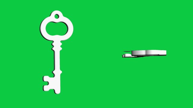 Vintage white 3d skeleton key animation pair isolated on green screen background for real estate security password access