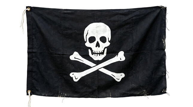 A weathered black pirate flag featuring a white skull and crossbones emblem, hanging against a plain white background, with visible fabric texture
