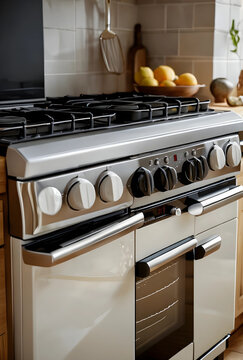 Modern stainless steel gas range cooker with multiple burners and control knobs in a contemporary kitchen setting, the appliance includes an oven with a visible interior rack and sleek handles