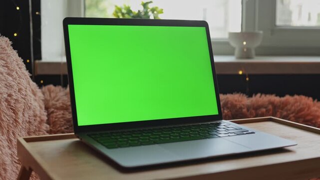 Modern laptop with green screen on a wooden tray in a cozy room