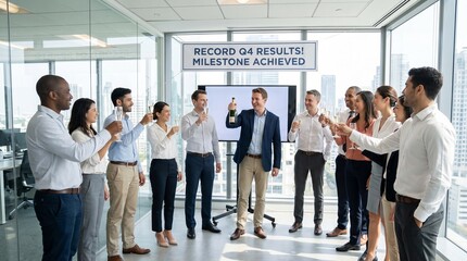 Obraz premium Successful Corporate Team Marks a Major Achievement With a Professional Champagne Toast Inside a Modern Bright Office Environment Together