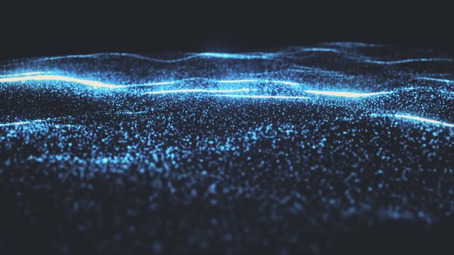 Abstract animation of glowing blue particle wave moving across horizon. Represents big data, cyber space, artificial intelligence, marine energy, and futuristic technology concepts.