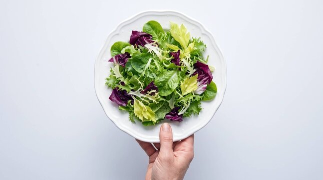 Hand holding white plate of fresh mixed salad greens on white background