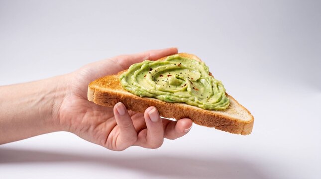 Hand holding toasted bread with avocado spread and chili flakes