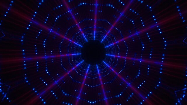 Abstract futuristic neon light tunnel animation with glowing blue and red rays forming geometric patterns. Perfect for concert visuals, stage backdrops, club events, and sci-fi themes.