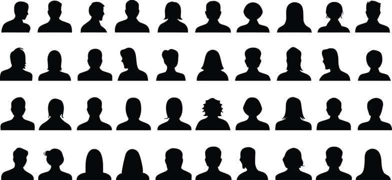 Grid of black silhouette headshots of diverse men and women on a white background portrait people