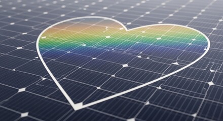Obraz premium Radiant Heart of Rainbow Energy Embraces Solar Panel Surface Symbolizing Sustainable Love and Inclusivity with Clean Renewable Power for a Brighter Future.