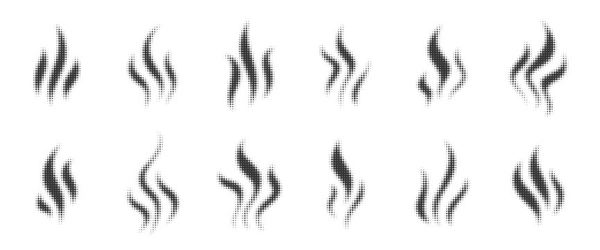 Smell, steam, aroma, halftone set. Black dotted vapor, scent, fume and smoke wave shapes for hot coffee, tea, food, water, mug, cigarette or air icon, sign and symbol elements. Vector illustration