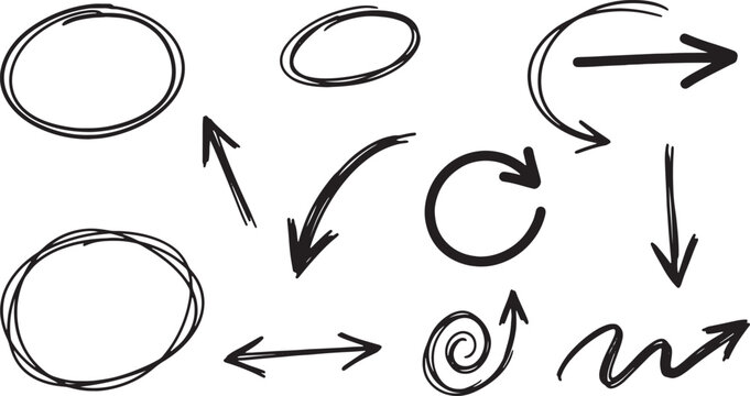 Hand-drawn black arrows and circles with directional cues lines